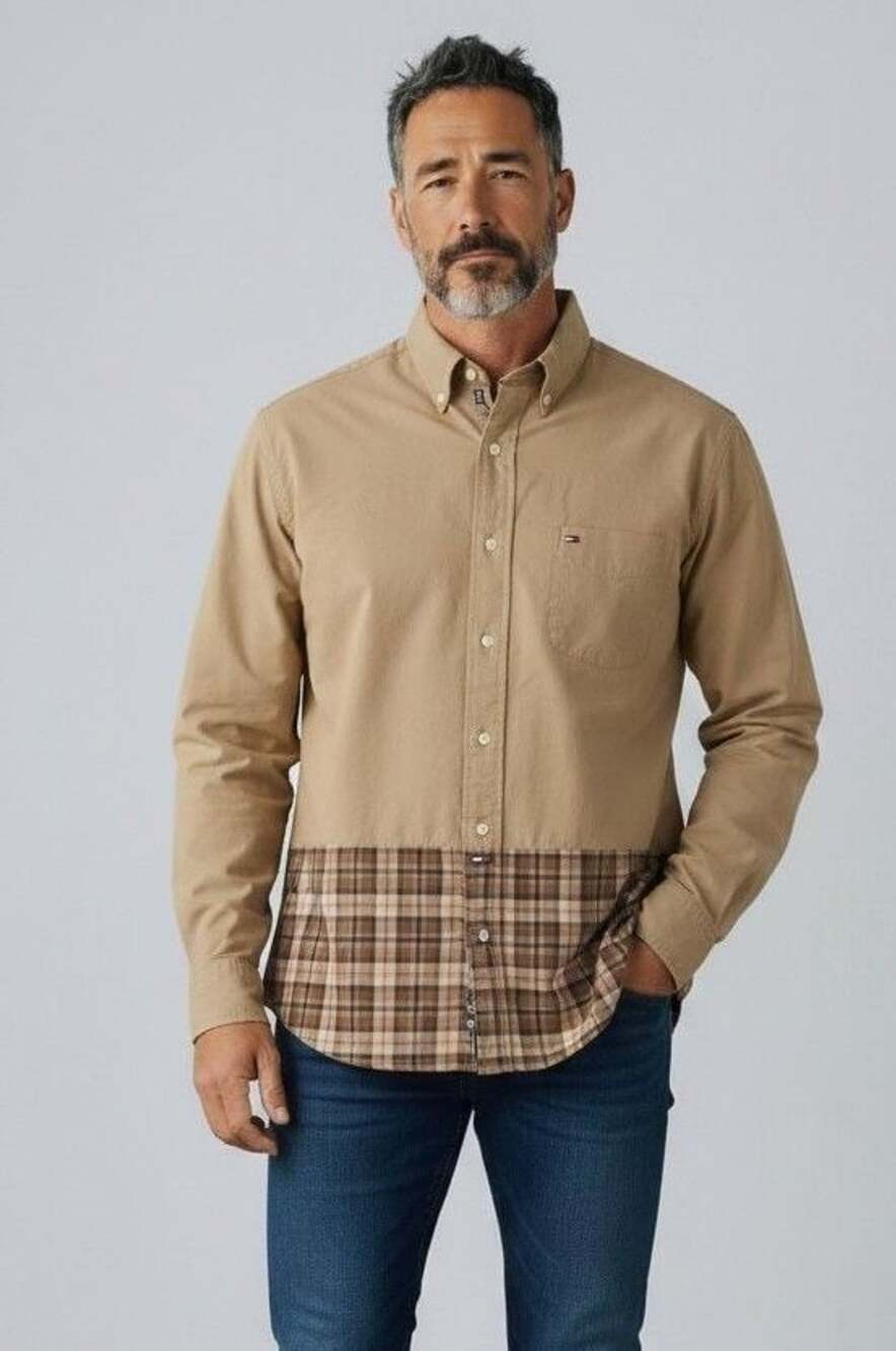 Vintage Tommy Hilfiger Khaki And Plaid Colorblock Button Down Shirt Large